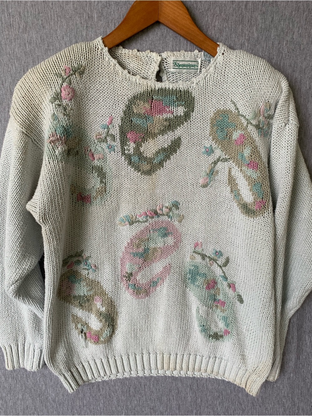 Vintage Cream Floral Paisley Knit Sweater Shenanigans Womens Size Medium